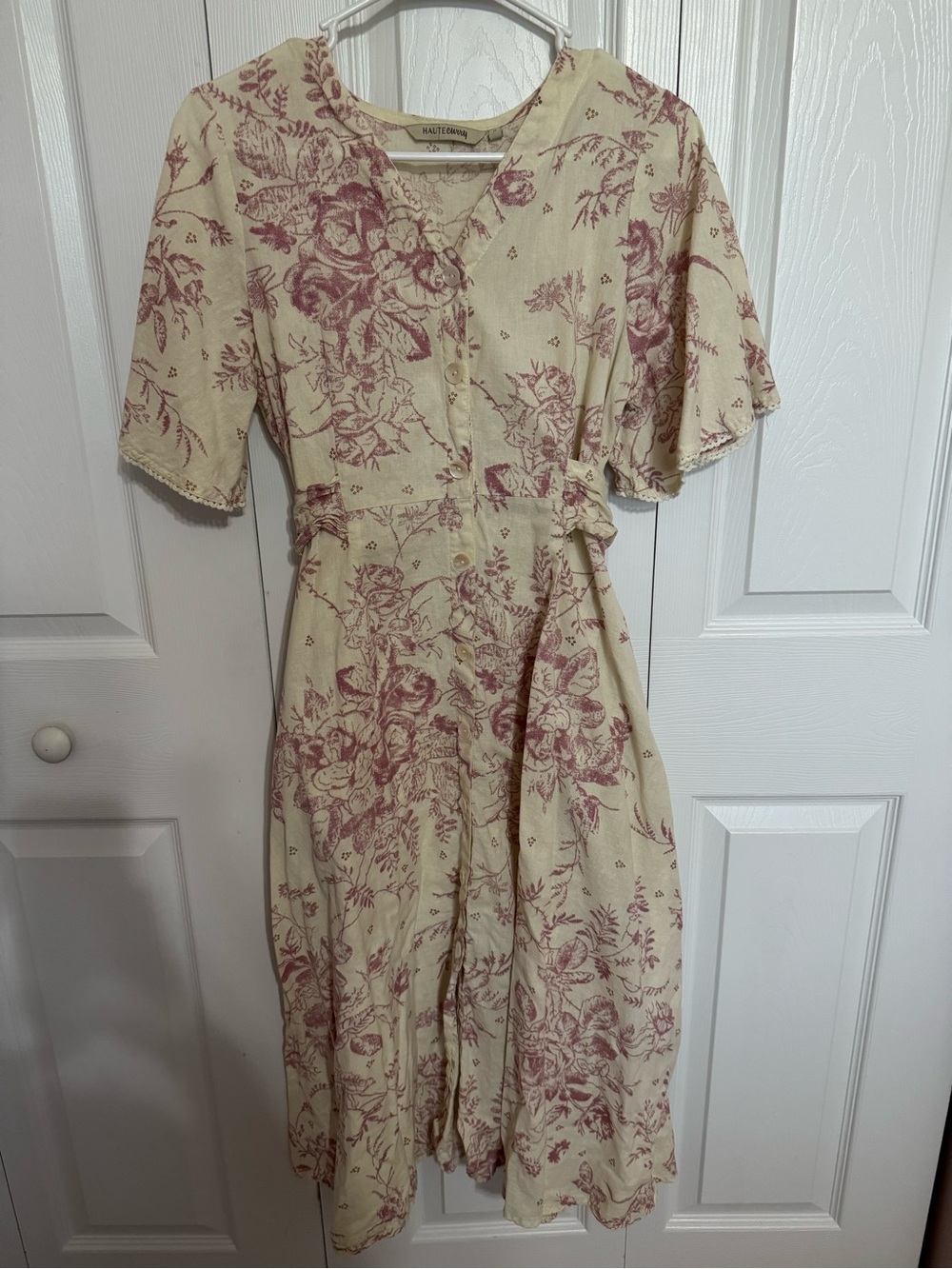 100% cotton Midi Dress with Rose Print in Cream and Dusty Rose - size medium